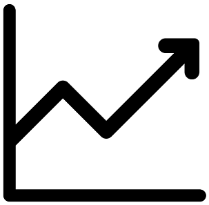 Simple black icon of a line graph showing a brief uptick, an equal downtick, and then an upward trajectory with an arrow.